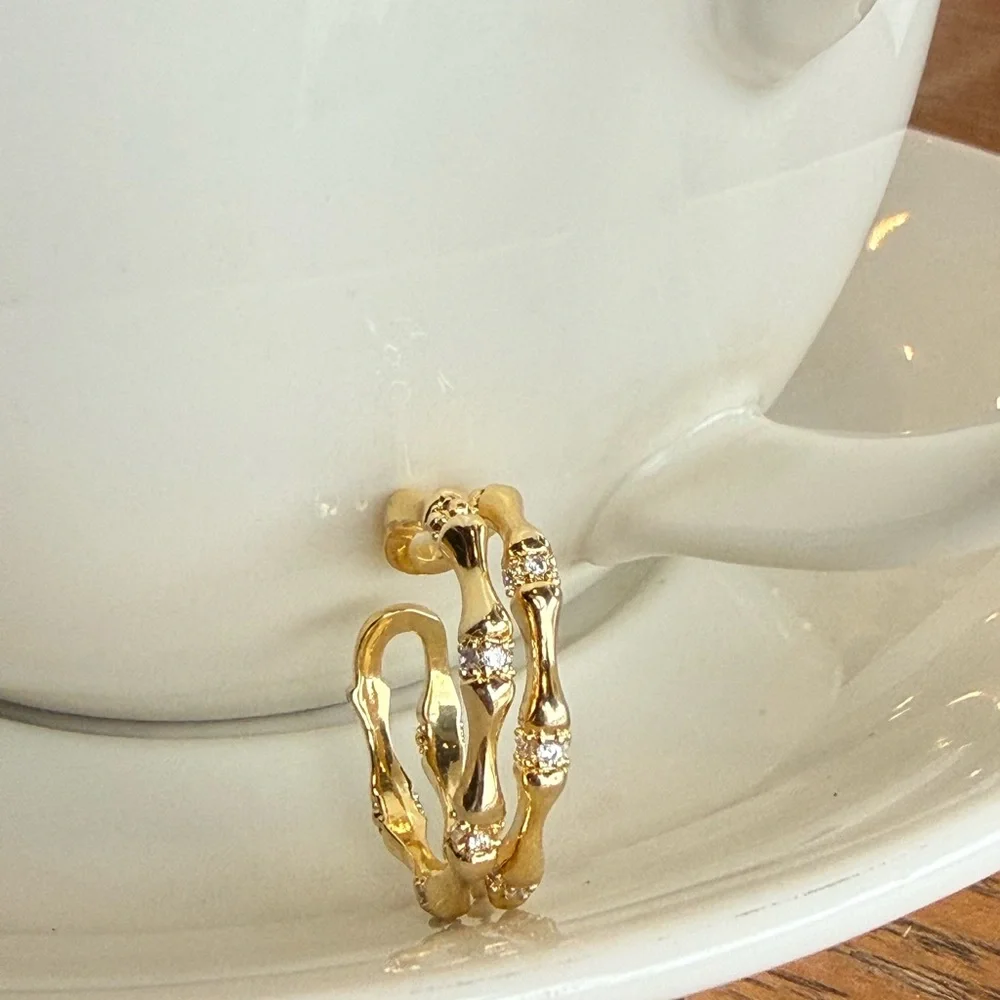 14K Gold Plated CZ Bamboo Style Double Band Ring | Adjustable Open Ring